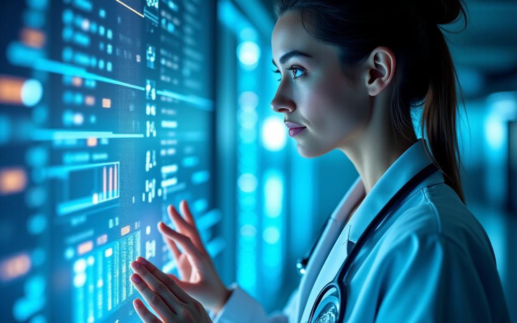 A healthcare professional analyzing patient data on a futuristic interface, demonstrating innovative technology